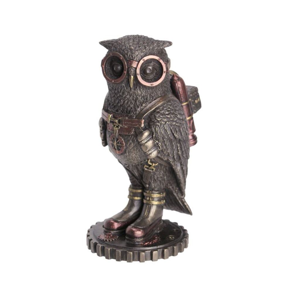 Cast Bronze Steampunk Fantasy Owl Hand Painted Jetpack Goggles Figurine Decor